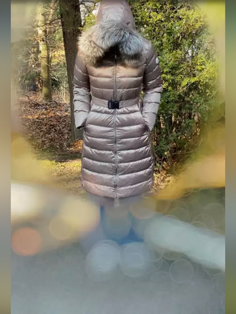 Moncler Taupe Quilted Long Puffer Dress with Fur-Trim Hood